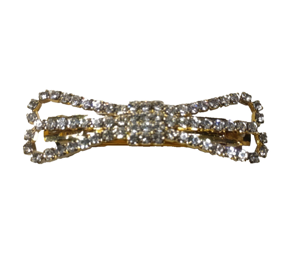 Bow Hair Barrette Tension Clip Gold Tone Rhinestone Elegant Classic Design